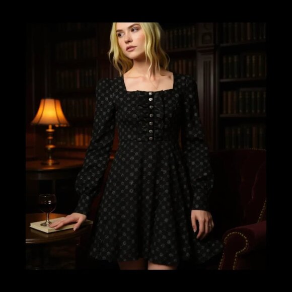 Warning Series Embroidered Black Mini Dress by Punk Rave – Gothic Edition XS - Picture 3 of 12